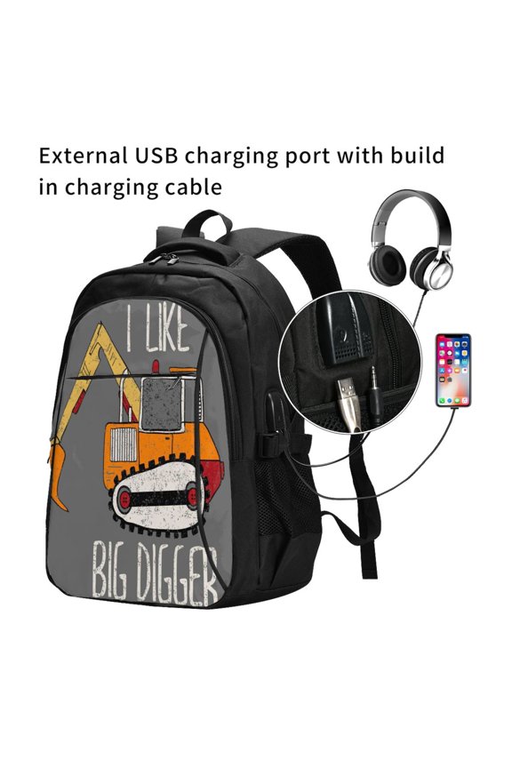 I Like Big Digger Print Travel Laptop Backpack,Slim Sturdy Laptops Backpack with USB Charging Port, Water Resistant College School Computer Bag