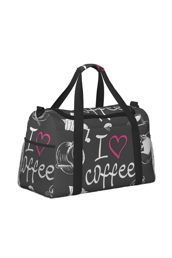 I Love Coffee Pattern Hand Travel Bag, Weekender Carry On for Women Men, Sports Gym Bag, Workout Duffel Bag, Overnight Shoulder Bag fit 15.6 Inch Laptop