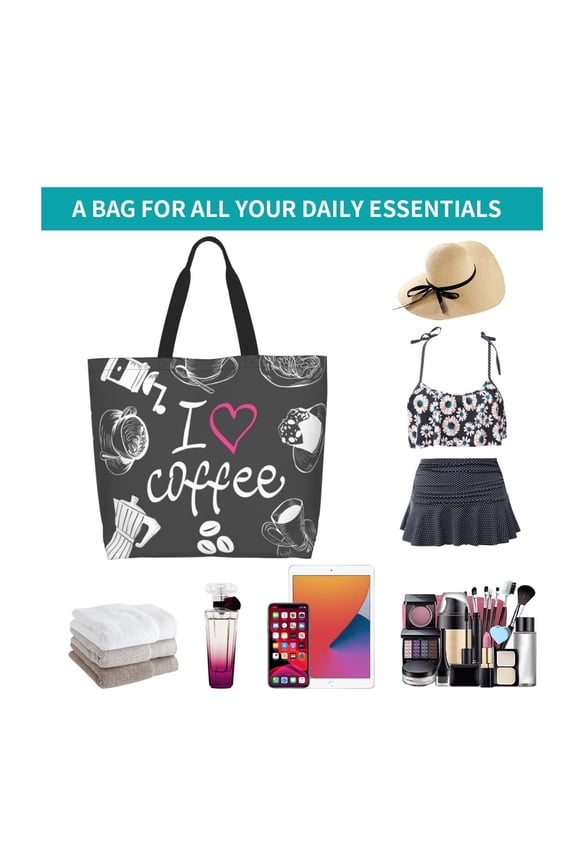 I Love Coffee Print Reusable Grocery Bags - Washable, Foldable, Packable Tote, Large Handles, Heavy Duty, Zippered Top Pouch
