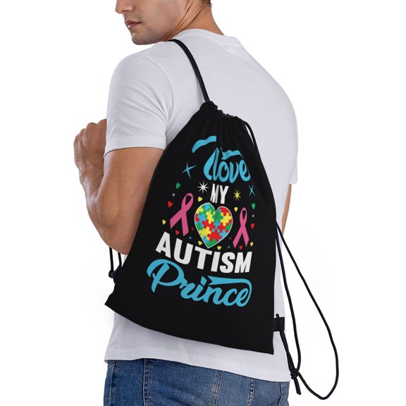 Ratiio I Love My Autism Print Drawstring Backpack Bag Sport Gym Sackpack Heavy Duty String Backpack for Men Women