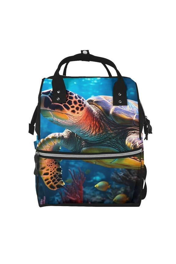 Ice Blue Ocean Sea Turtle Mummy Backpack - Waterproof Twill Canvas, Large Capacity Diaper Bag with Multiple Pockets and Adjustable Straps