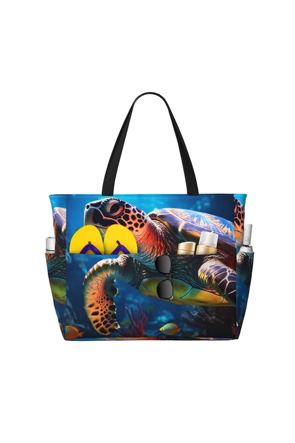 Ice Blue Ocean Sea Turtle Print Large Capacity Beach Travel Bag, Polyester Waterproof Tote Bag with Zipper for Vacation and Daily Use