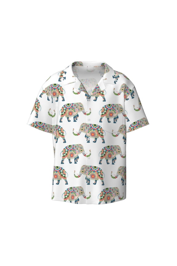 Indian Elephant Print Mens Casual Short Sleeve Shirts Button Down Textured Shirts Summer Beach Shirt with Pocket Men's Casual Short-sleeved Shirt