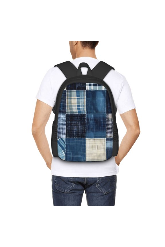 Indigo Patchwork Quilt Backpack for Men and Women - Durable 600D Oxford Cloth -Large Capacity, Water-Resistant School, Travel, and Hiking Bag