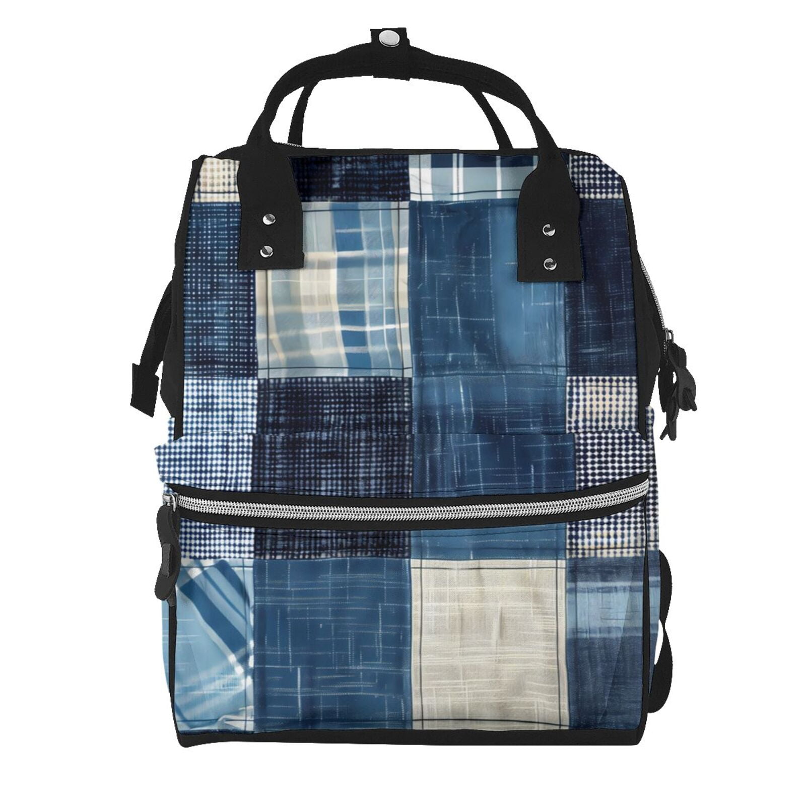 Ratiio Indigo Patchwork Quilt Mummy Backpack - Waterproof Twill Canvas, Large Capacity Diaper Bag with Multiple Pockets and Adjustable Straps