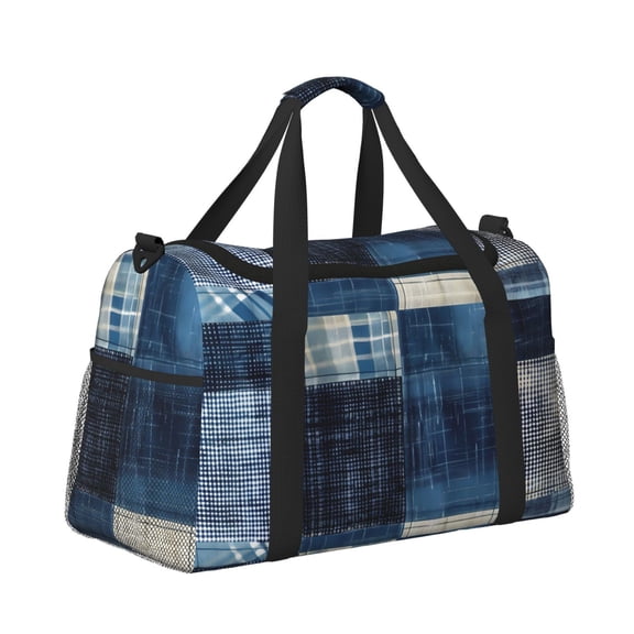 Ratiio Indigo Patchwork Quilt Pattern Hand Travel Bag, Weekender Carry On for Women Men, Sports Gym Bag, Workout Duffel Bag, Overnight Shoulder Bag fit 15.6 Inch Laptop