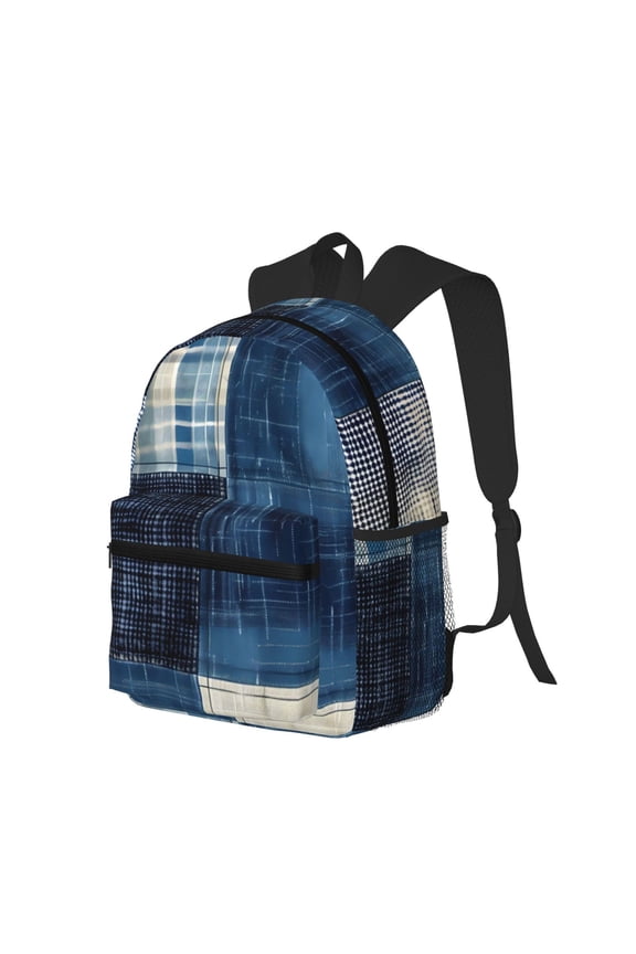 Indigo Patchwork Quilt Print Casual Backpack for Men and Women, Water Resistant Oxford Fabric School Bag Lightweight Travel Daypack