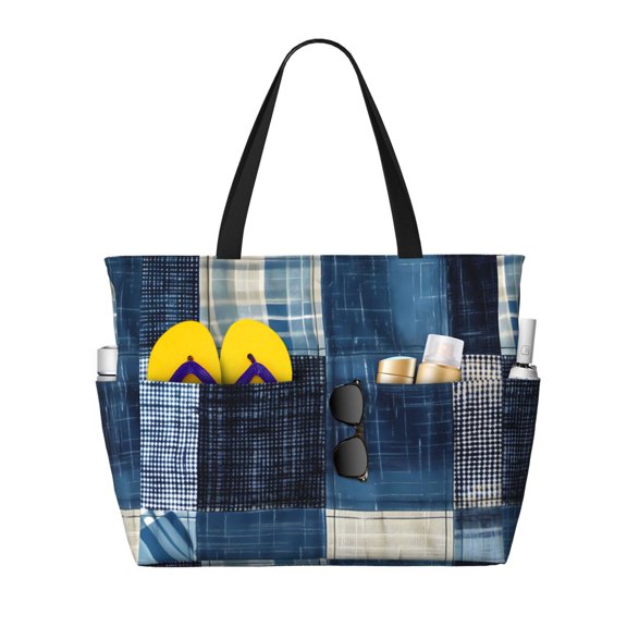 Ratiio Indigo Patchwork Quilt Print Large Capacity Beach Travel Bag, Polyester Waterproof Tote Bag with Zipper for Vacation and Daily Use