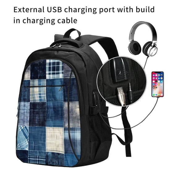 Ratiio Indigo Patchwork Quilt Print Travel Laptop Backpack,Slim Sturdy Laptops Backpack with USB Charging Port, Water Resistant College School Computer Bag