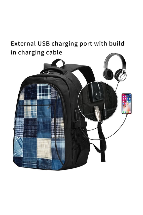 Indigo Patchwork Quilt Print Travel Laptop Backpack,Slim Sturdy Laptops Backpack with USB Charging Port, Water Resistant College School Computer Bag
