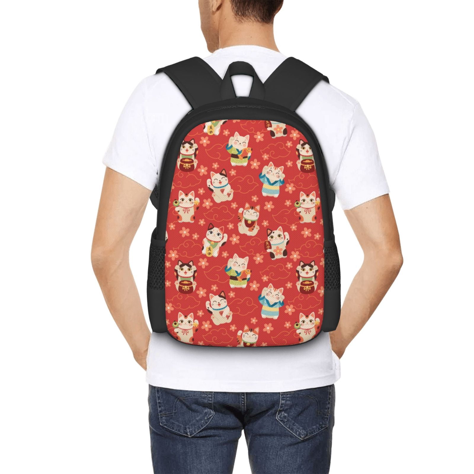 Ratiio Japanese Maneki Cats Backpack for Men and Women - Durable 600D Oxford Cloth -Large Capacity, Water-Resistant School, Travel, and Hiking Bag