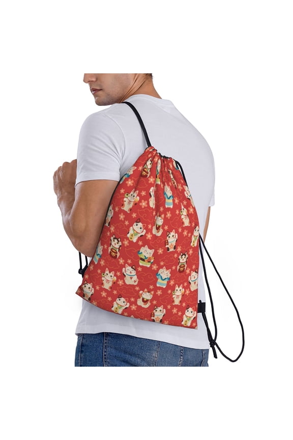 Japanese Maneki Cats Print Drawstring Backpack Bag Sport Gym Sackpack Heavy Duty String Backpack for Men Women