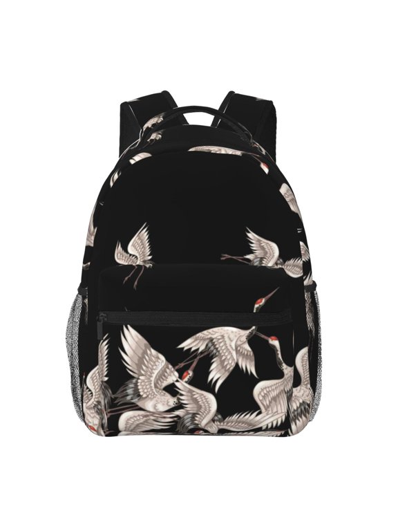 Japanese White Crane Print Eco-Friendly Casual Backpack, Water-Resistant Polyester Canvas Daypack with Smooth Zippers, Comfortable & Durable Travel Bag with Laptop Compartment