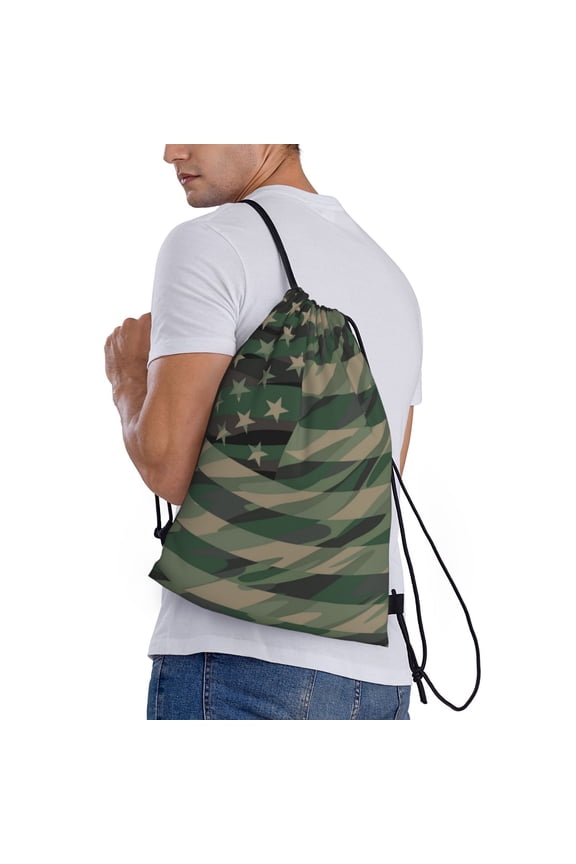 Jungle Green Camo USA Flag Print Drawstring Backpack Bag Sport Gym Sackpack Heavy Duty String Backpack for Men Women