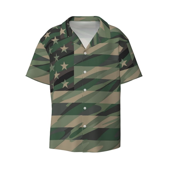 Ratiio Jungle Green Camo USA Flag Print Mens Casual Short Sleeve Shirts Button Down Textured Shirts Summer Beach Shirt with Pocket Men's Casual Short-sleeved Shirt