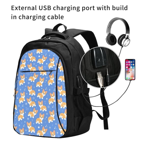 Ratiio Kawaii Corgi Print Travel Laptop Backpack,Slim Sturdy Laptops Backpack with USB Charging Port, Water Resistant College School Computer Bag