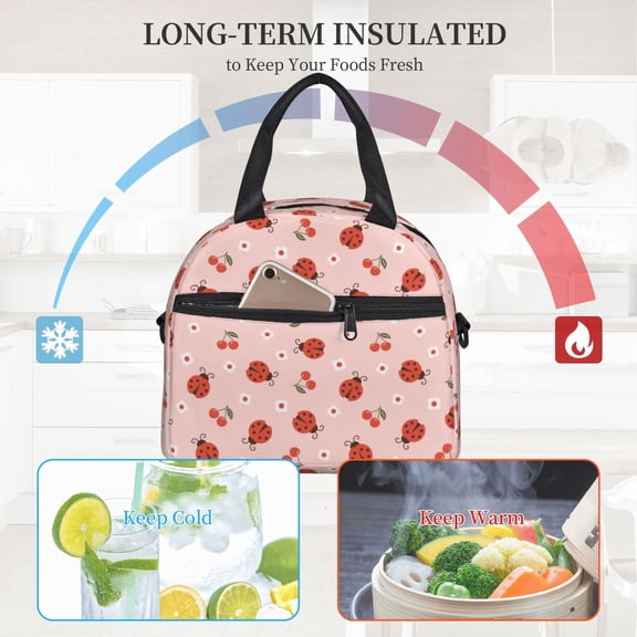 Ratiio Ladybug With Flower Pattern Lunch Bag ,Insulated Lunch Box, Small Leakproof Cooler Food Lunch Containers Reusable High Capacity Lunch Tote Bags