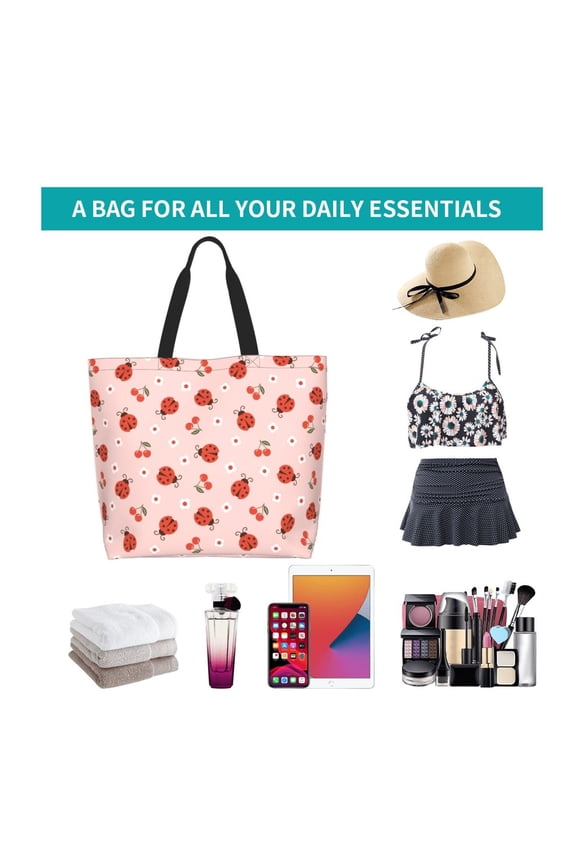 Ladybug With Flower Print Reusable Grocery Bags - Washable, Foldable, Packable Tote, Large Handles, Heavy Duty, Zippered Top Pouch