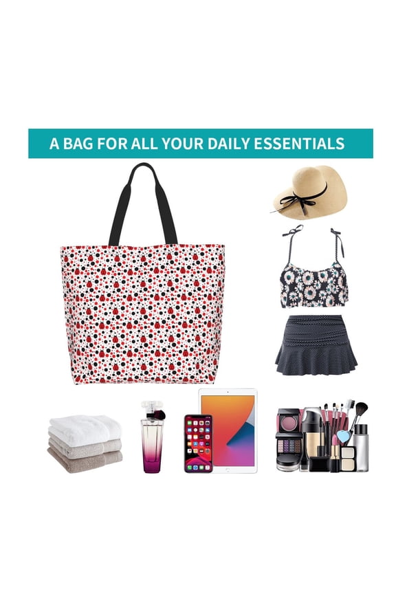 Ladybugs 2 Print Reusable Grocery Bags - Washable, Foldable, Packable Tote, Large Handles, Heavy Duty, Zippered Top Pouch