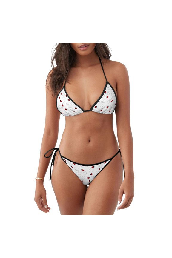 Ladybugs Flying On Dotted Route Pattern Women's Two Piece Bikini Swimsuit - Adjustable Tie Bikini Set Sexy & Comfortable Beach Swimwear