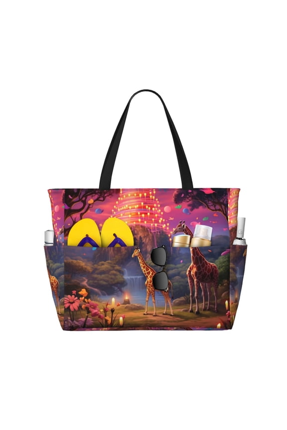 Lantern Giraffes Magical Forest Print Large Capacity Beach Travel Bag, Polyester Waterproof Tote Bag with Zipper for Vacation and Daily Use
