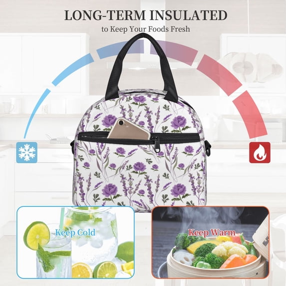 Ratiio Lavender Flowers Pattern Lunch Bag ,Insulated Lunch Box, Small Leakproof Cooler Food Lunch Containers Reusable High Capacity Lunch Tote Bags