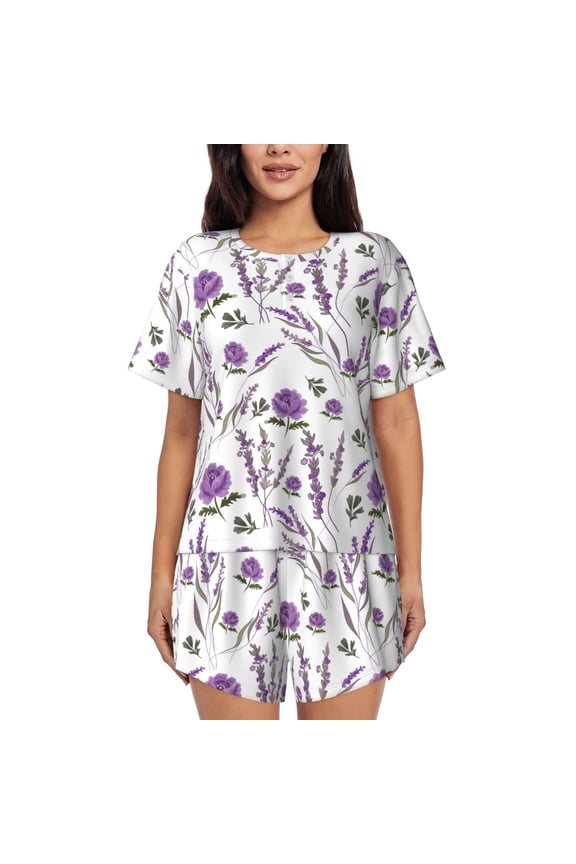 Lavender Flowers Print Womens Pajama Sets 2 Piece Soft Short Sleeve Top and Shorts Sleepwear Round Neck Pjs Lounge Set