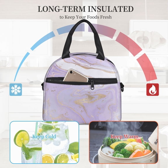 Ratiio Lavender Glitter Foil Stripes Pattern Lunch Bag ,Insulated Lunch Box, Small Leakproof Cooler Food Lunch Containers Reusable High Capacity Lunch Tote Bags