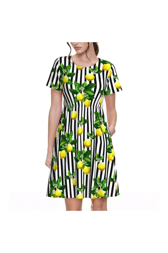 Lemons on Striped Print Women's Short Sleeve Dress - Casual A-Line Dress with Side Pockets, Elastic Waist, Comfortable and Breathable Summer Dress