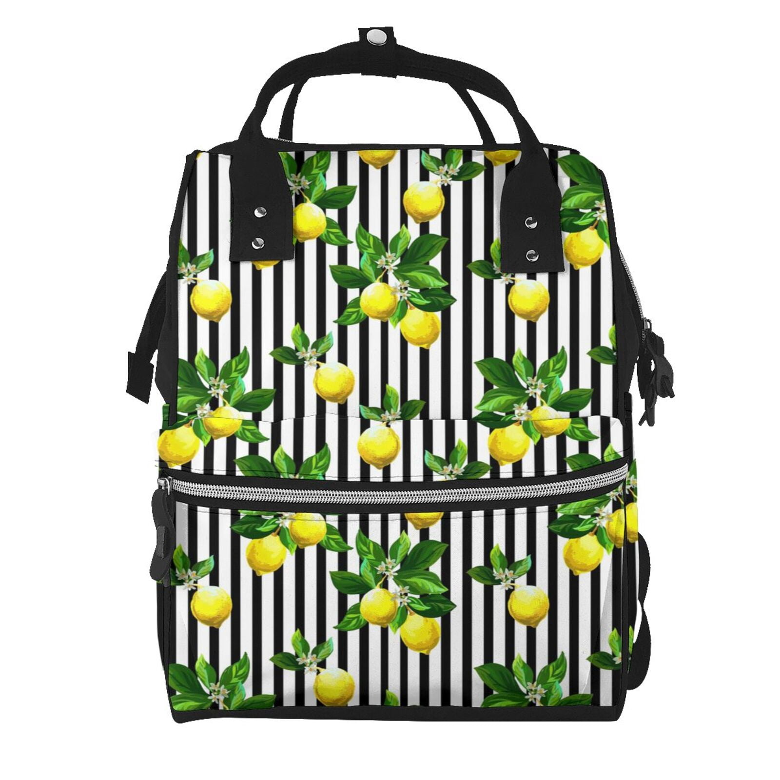 Ratiio Lemons on Striped Mummy Backpack - Waterproof Twill Canvas, Large Capacity Diaper Bag with Multiple Pockets and Adjustable Straps
