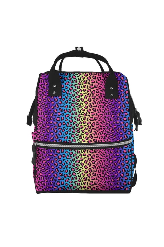 Leopard Neon Rainbow Gradient Mummy Backpack - Waterproof Twill Canvas, Large Capacity Diaper Bag with Multiple Pockets and Adjustable Straps