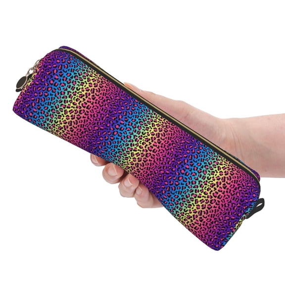 Ratiio Leopard Neon Rainbow Gradient Pattern Leather Pencil Case, Pencil Pouch with Durable Zipper, Compact and Stylish Organizer for Stationery, Art Supplies, Travel Essentials