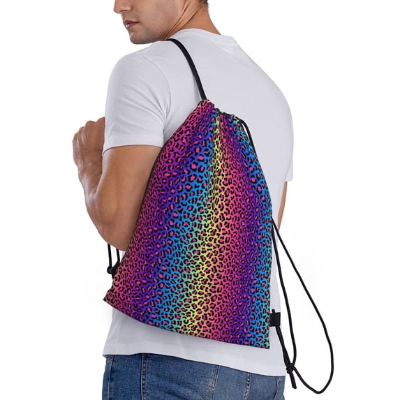 Ratiio Leopard Neon Rainbow Gradient Print Drawstring Backpack Bag Sport Gym Sackpack Heavy Duty String Backpack for Men Women