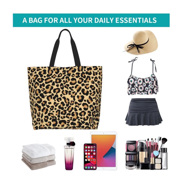 Ratiio Leopard Print Print Reusable Grocery Bags - Washable, Foldable, Packable Tote, Large Handles, Heavy Duty, Zippered Top Pouch