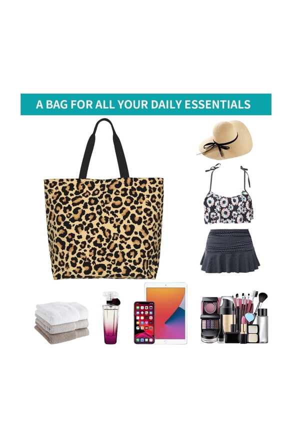 Leopard Print Print Reusable Grocery Bags - Washable, Foldable, Packable Tote, Large Handles, Heavy Duty, Zippered Top Pouch