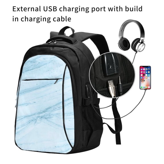 Ratiio Light Blue Marble Print Travel Laptop Backpack,Slim Sturdy Laptops Backpack with USB Charging Port, Water Resistant College School Computer Bag