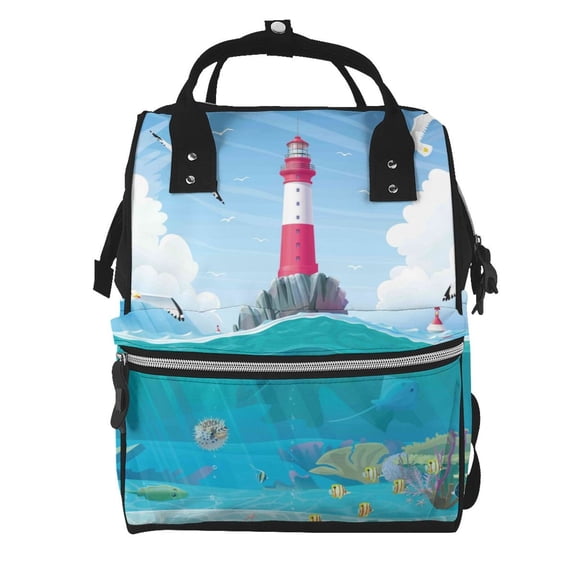 Ratiio Lighthouse Sea Port Mummy Backpack - Waterproof Twill Canvas, Large Capacity Diaper Bag with Multiple Pockets and Adjustable Straps
