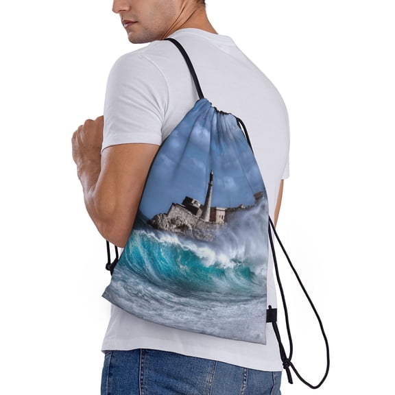 Ratiio Lighthouse in Havana Print Drawstring Backpack Bag Sport Gym Sackpack Heavy Duty String Backpack for Men Women