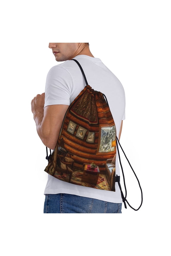 Log Cabin Inside Print Drawstring Backpack Bag Sport Gym Sackpack Heavy Duty String Backpack for Men Women