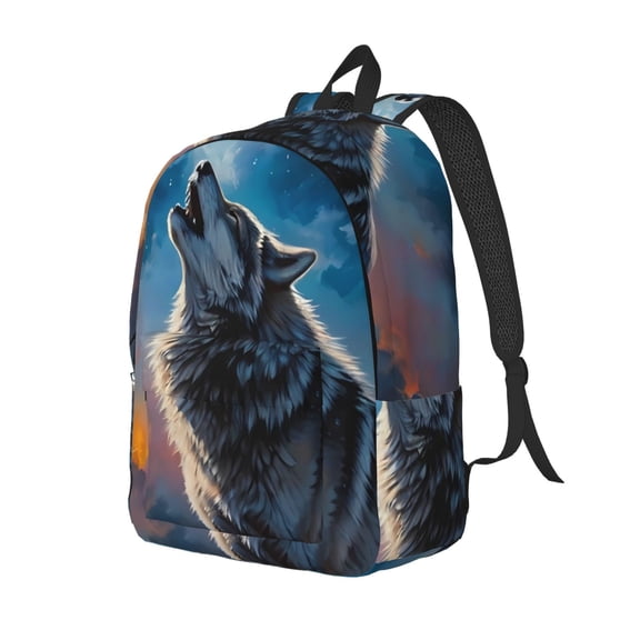 Ratiio Lonely Night Sky Wolf Print Canvas Backpack for Women & Men Retro Aesthetic Rucksack Basic Backpack for High School/College Students Travel Laptop Bag