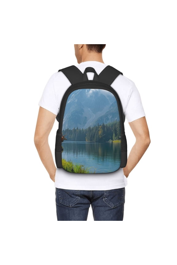 Majestic Deer Mountain Lake Backpack for Men and Women - Durable 600D Oxford Cloth -Large Capacity, Water-Resistant School, Travel, and Hiking Bag