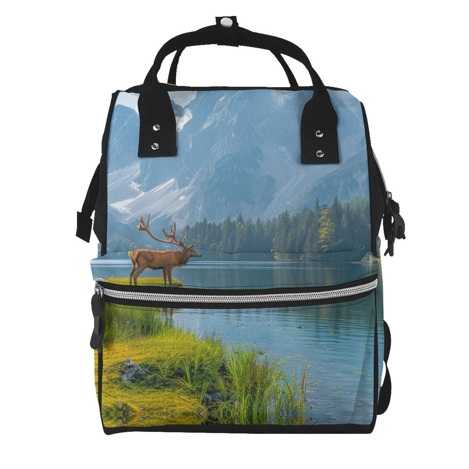 Ratiio Majestic Deer Mountain Lake Mummy Backpack - Waterproof Twill Canvas, Large Capacity Diaper Bag with Multiple Pockets and Adjustable Straps