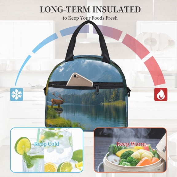 Ratiio Majestic Deer Mountain Lake Pattern Lunch Bag ,Insulated Lunch Box, Small Leakproof Cooler Food Lunch Containers Reusable High Capacity Lunch Tote Bags