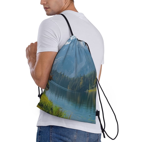 Ratiio Majestic Deer Mountain Lake Print Drawstring Backpack Bag Sport Gym Sackpack Heavy Duty String Backpack for Men Women
