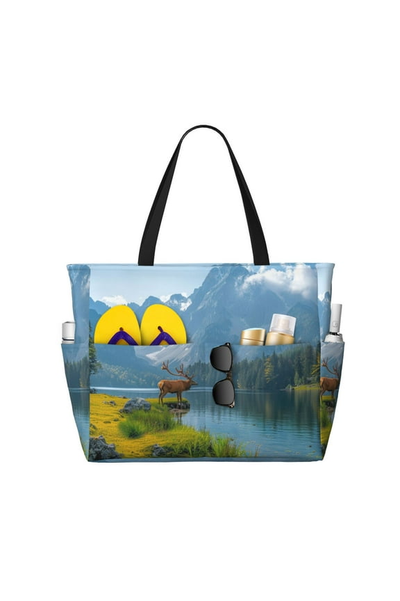 Majestic Deer Mountain Lake Print Large Capacity Beach Travel Bag, Polyester Waterproof Tote Bag with Zipper for Vacation and Daily Use