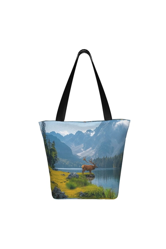 Majestic Deer Mountain Lake Print Shoulder Bag for Women, Polyester Crossbody Purse Lightweight Handbag for Daily Travel and Casual Use