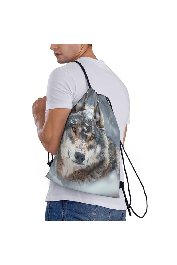 Majestic Snowy Wolf Print Drawstring Backpack Bag Sport Gym Sackpack Heavy Duty String Backpack for Men Women