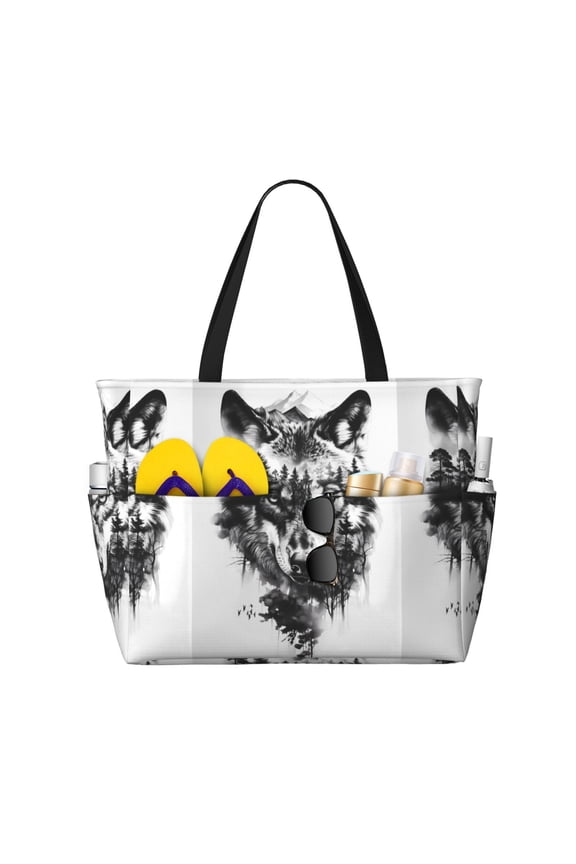 Majestic Wolf Landscape Print Large Capacity Beach Travel Bag, Polyester Waterproof Tote Bag with Zipper for Vacation and Daily Use