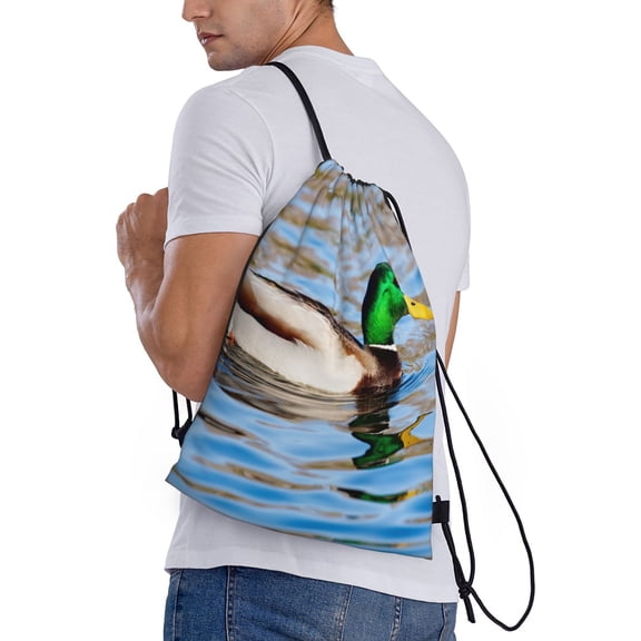 Ratiio Mallard Duck Swimming In A River Print Drawstring Backpack Bag Sport Gym Sackpack Heavy Duty String Backpack for Men Women