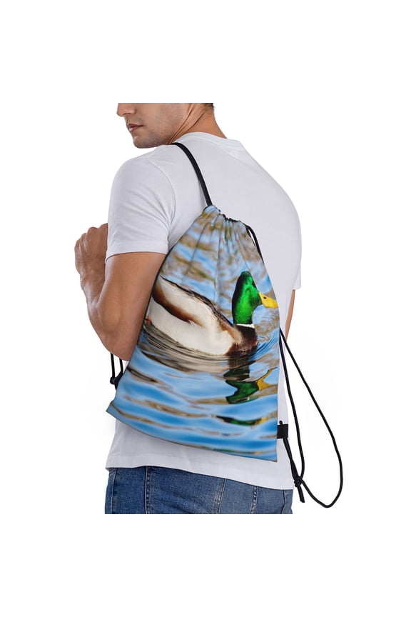 Mallard Duck Swimming In A River Print Drawstring Backpack Bag Sport Gym Sackpack Heavy Duty String Backpack for Men Women